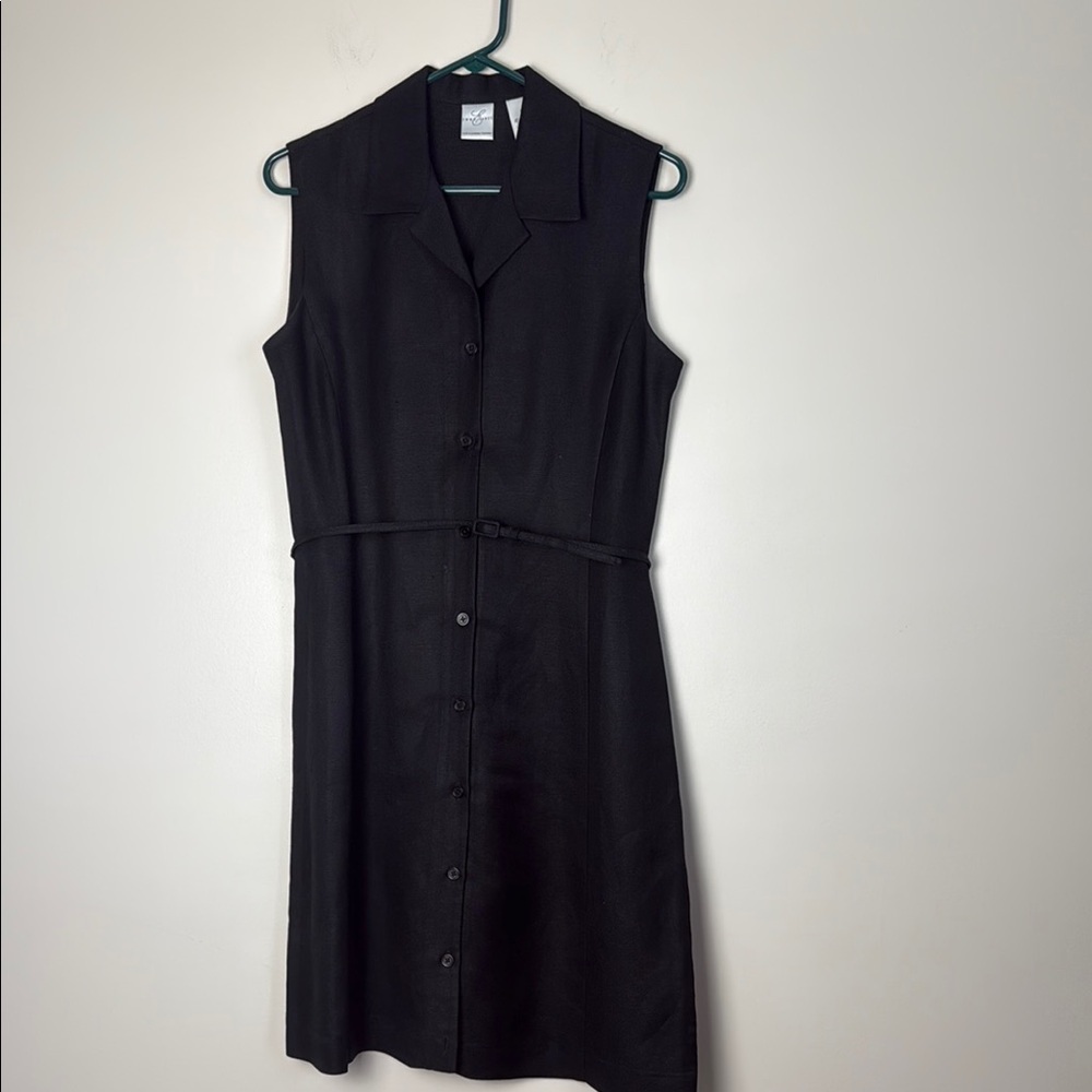 Emma James Black Sleeveless Sheath Button Down Dress with Collar and Belt